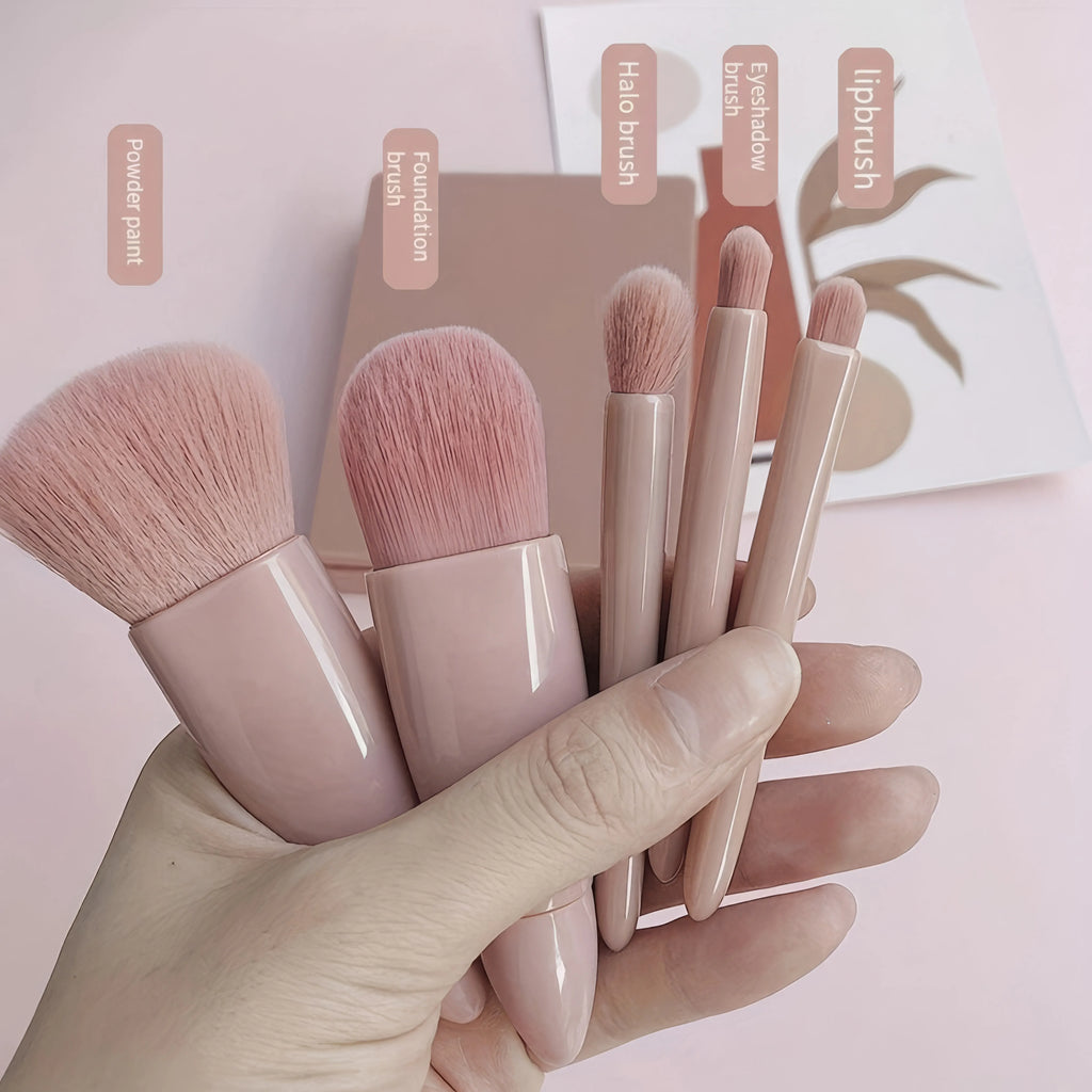 Pink Glow Brush Set — 5-Piece Professional Makeup Brushes + Travel Pouch