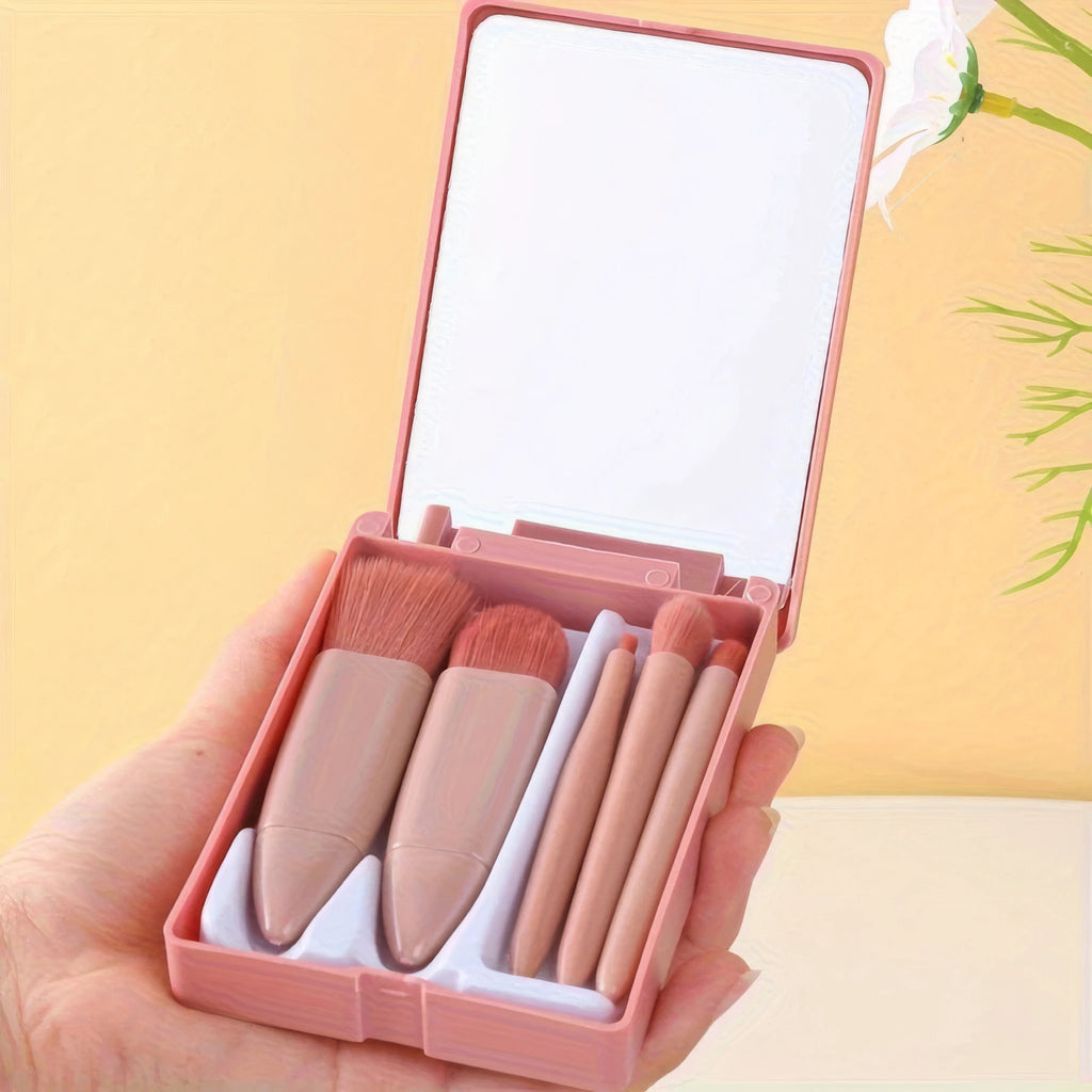 Pink Glow Brush Set — 5-Piece Professional Makeup Brushes + Travel Pouch