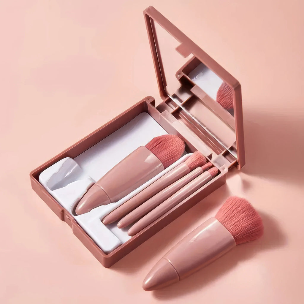 Pink Glow Brush Set — 5-Piece Professional Makeup Brushes + Travel Pouch